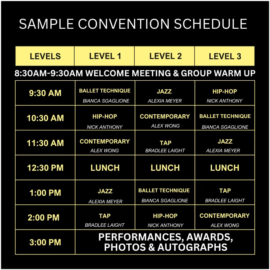 Sample convention schedule showing classes for Level 1, Level 2, and Level 3 from 8:30 AM to 3:00 PM